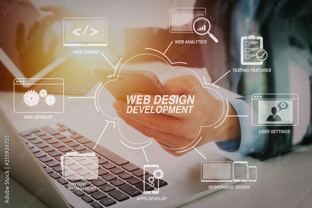 Poster Hands of businessman using mobile phone in modern office with laptop and digital tablet computer