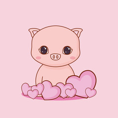 kawaii pig and hearts over pink background, colorful design. vector illustration