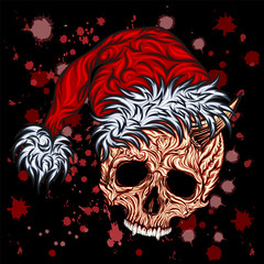 Krampus. Vector skull in a New Year's cap and with bloody splashes