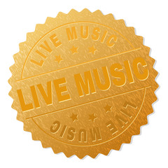LIVE MUSIC gold stamp seal. Vector gold award with LIVE MUSIC text. Text labels are placed between parallel lines and on circle. Golden area has metallic structure.