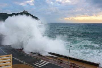 Waves breaking on New Promenade of San Sebastian, Spain