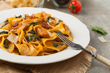 Italian salad, pappardelle pasta, with spinach, grilled chicken and dried tomatoes, sprinkled with flakes of cheese.
