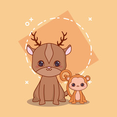 kawaii deer and monkey over orange background, colorful design. vector illustration