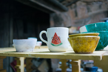 Ceramic dishes in working process. Creating ceramic pieces. Tradicional ceramic factory in spain