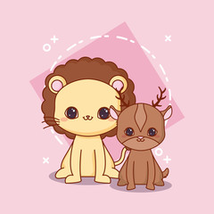 kawaii lion and deer over pink background, colorful design. vector illustration