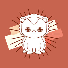 kawaii lion icon and decorative sunburst over brown background, colorful line design. vector illustration