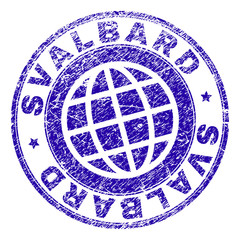 SVALBARD stamp print with grunge texture. Blue vector rubber seal print of SVALBARD text with unclean texture. Seal has words arranged by circle and planet symbol.
