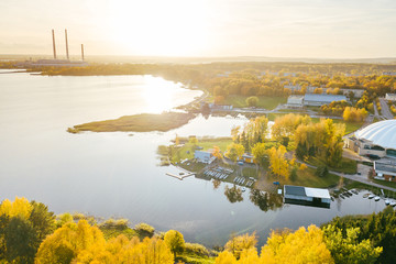 Drone aerial view of coal fired power plant