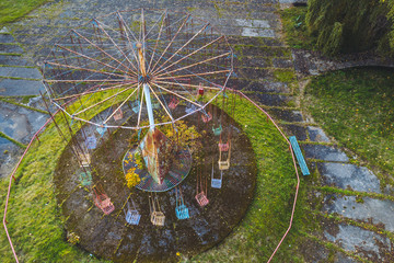 Drone aerial view of abandoned amusement park