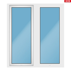 Metal plastic PVC window with two sash and one opening casement. Outdoor view. Presentation of models and frame installation. White color. Sample Vector Illustration isolated on white background.