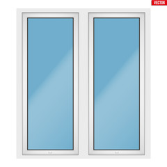 Metal plastic PVC window with two sash and two opening casement. Outdoor view. Presentation of models and frame installation. White color. Sample Vector Illustration isolated on white background.