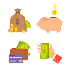 Sack with Money and Wallet Set Vector Illustration