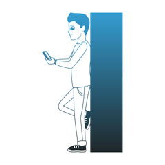 Man lying on wall and using smartphone vector illustration graphic design