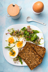 Healthy breakfast: Hard boiled eggs, fresh radish sprouts, arugula and dark whole wheat  bread with herb sauce, on blue background