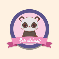 cute animals emblem with decorative ribbon and panda bear icon. colorful design. vector illustration