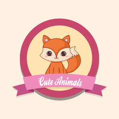 cute animals emblem with decorative ribbon and fox icon over orange background, colorful design. vector illustration