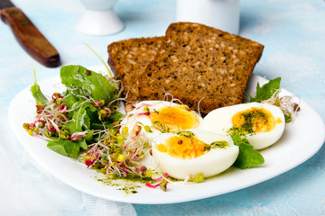 Healthy breakfast: Hard boiled eggs, fresh radish sprouts, arugula and dark whole wheat  bread with herb sauce, on blue background