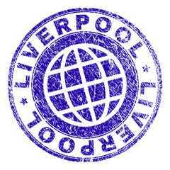 LIVERPOOL stamp print with grunge texture. Blue vector rubber seal print of LIVERPOOL title with grunge texture. Seal has words arranged by circle and planet symbol.