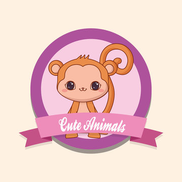 cute animals emblem with decorative ribbon and monkey icon. colorful design. vector illustration