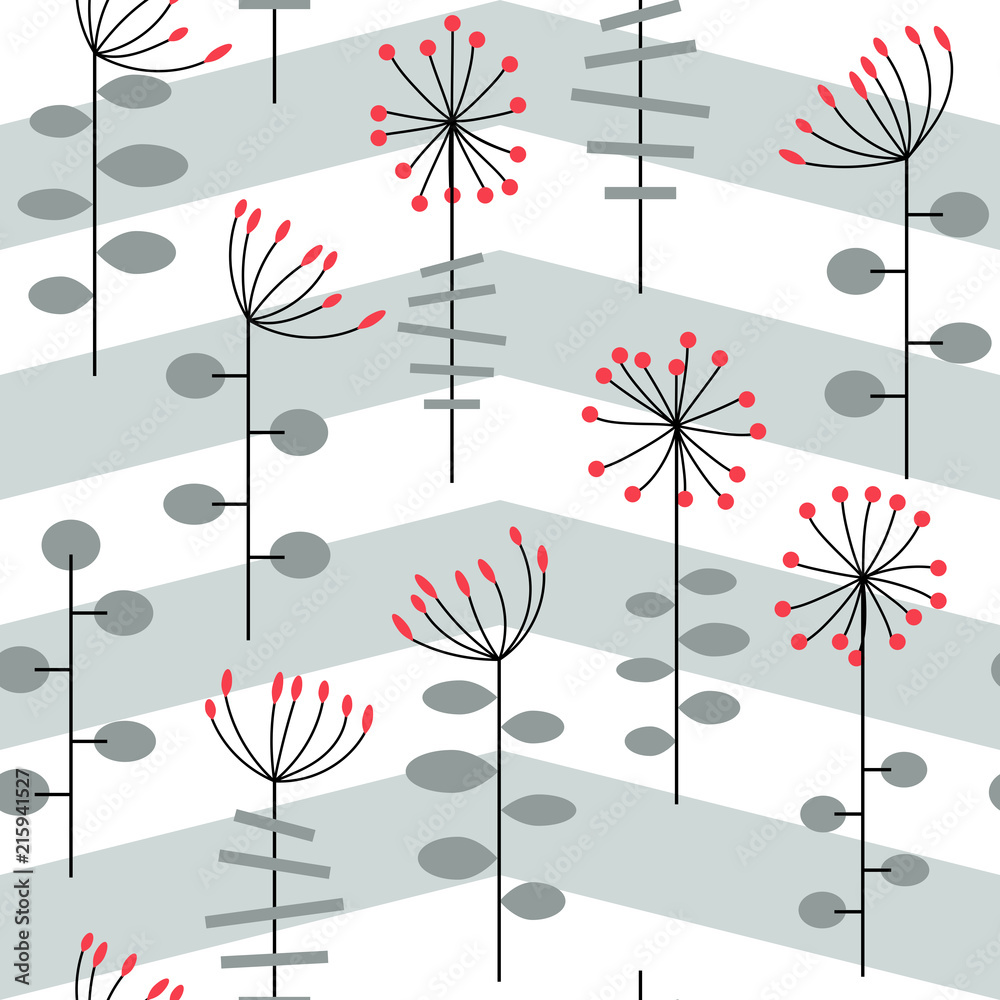 Aufkleber Modern vector abstract seamless geometric pattern with stylized flowers and leaves in retro scandinavian style.