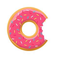 Sweet pink bitten donut with pink icing isolated on white background. Yummy cookie donut food. Candy decoration color donut with topping. Glazed pastry delicious snack, eat candy. Vector illustration
