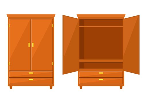 Open and closet wardrobe isolated on white background .Natural wooden Furniture. Wardrobe icon in flat style. Room interior element cabinet to create apartments design. Vector illustration