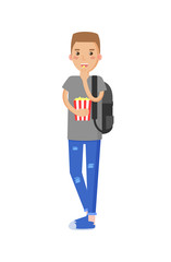 Boy Holding and Eating Popcorn Vector Illustration