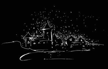 Hand drawing greeting Christmas card, snow, cozy house, trees