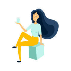 A girl drinks water through a straw. Rest at the resort. Beautiful dynamic girl with water. Young woman drinking water. The girl is drinking water.Flat design. Vector illustration.