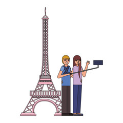 couple making selfie eiffel tower