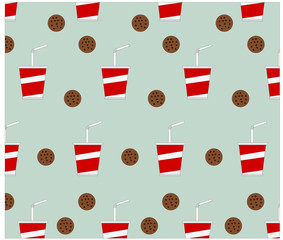 Colorful seamless tasty fast food soft drink and cookie pattern background