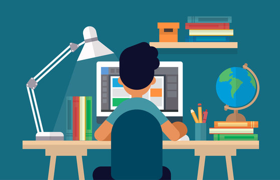 Student sitting at the desk, learning with computer. Concept illustration in flat style, online learning, education, office work, school or university