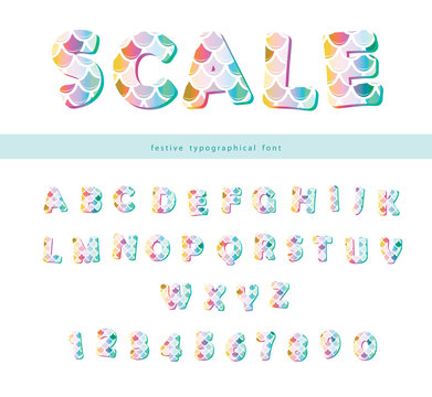 Mermaid scale trendy font. Cute alphabet for mermaid birthday cards, posters. Vector