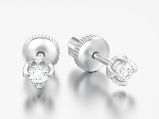3D illustration two white gold or silver diamonds screw post sterling earrings with reflection