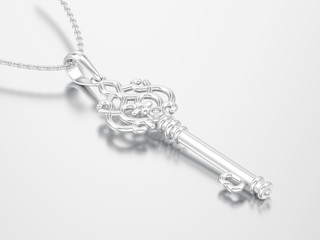 3D illustration white gold or silver decorative key necklace on chain with diamond