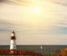Coast of the Atlantic Ocean. Lighthouse on the shore. Maine. Portland.

