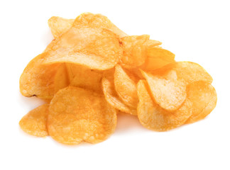 heap of roasted potato chips isolated on white background