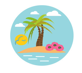 Fototapeta na wymiar Logo with exotic travel island in the ocean with palms, hand deawn digital illustration in circle