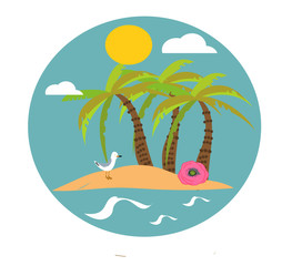 Fototapeta na wymiar Logo with exotic travel island in the ocean with palms, hand deawn digital illustration in circle