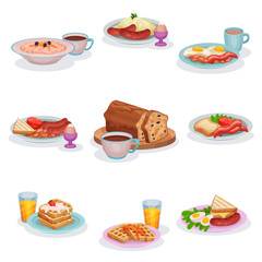 Traditional English breakfast dishes set, oatmeal porridge, mashed potatoes with sausages, eggs and ham, classic fruitcake, waffles vector Illustrations
