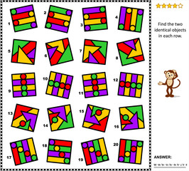 IQ and spatial reasoning skills training abstract visual puzzle: Find the two identical objects in each row. Answer included.