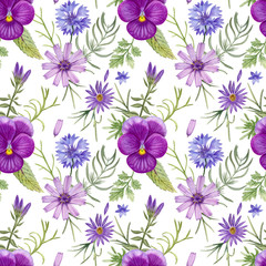 purple flowers seamless pattern with cornflowers, pansies, and other summer flowers. Can be used as print, paclaging design, textile, fabric, wrapping paper and so on.