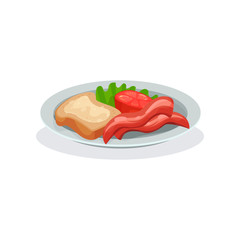 Ham, tomato, bread and butter on a plate, traditional English breakfast vector Illustration on a white background