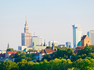 Panorama of the old city and skyscrapers in Warsaw.  Next to the Vistula and boulevards. Poland.