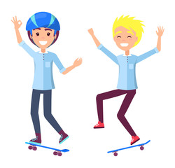 Boys on Skateboards Have Fun and Perform Tricks