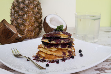 American pancakes on blue wooden boards