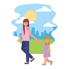 cute mother with daughter in landscape