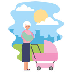 cute grandmother with baby cart in landscape