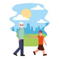 cute grandfather with grandson in landscape