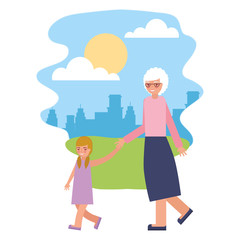 cute grandmother with granddaughter in landscape